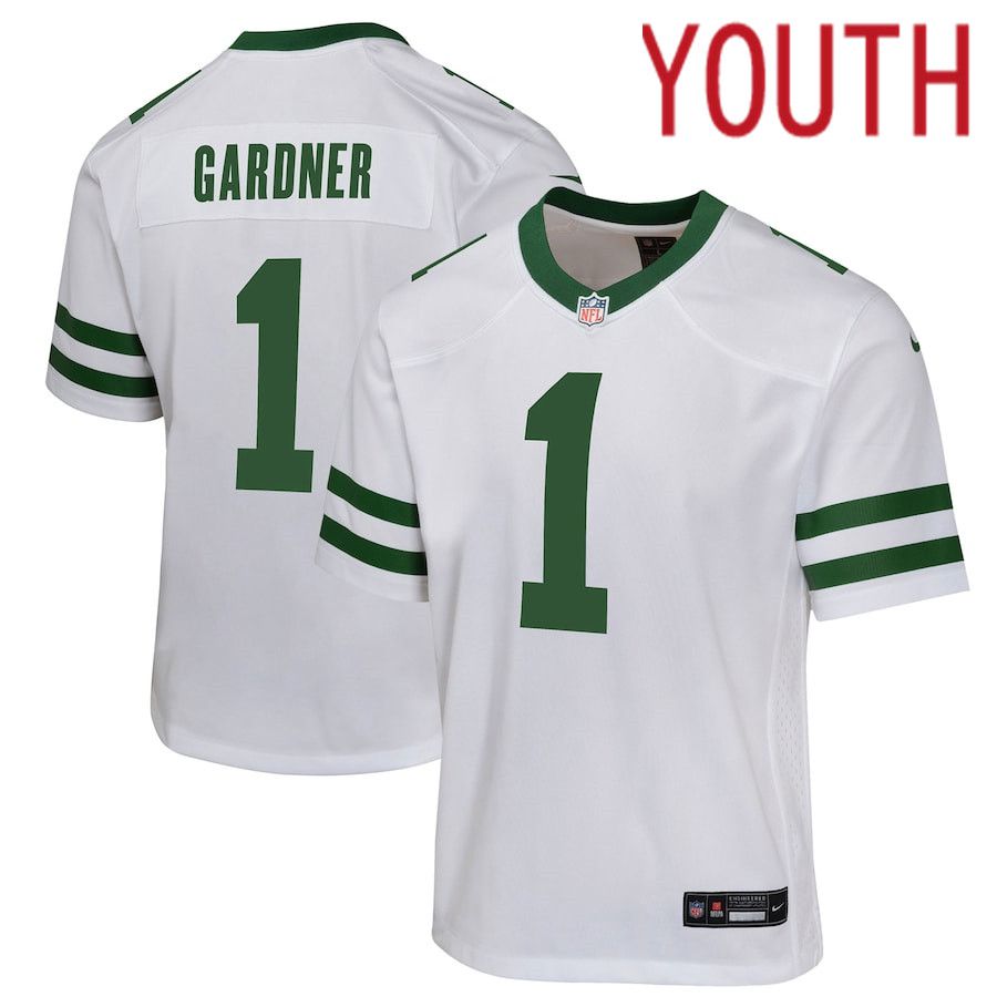 Youth New York Jets #1 Ahmad Sauce Gardner Nike Legacy White Game NFL Jersey